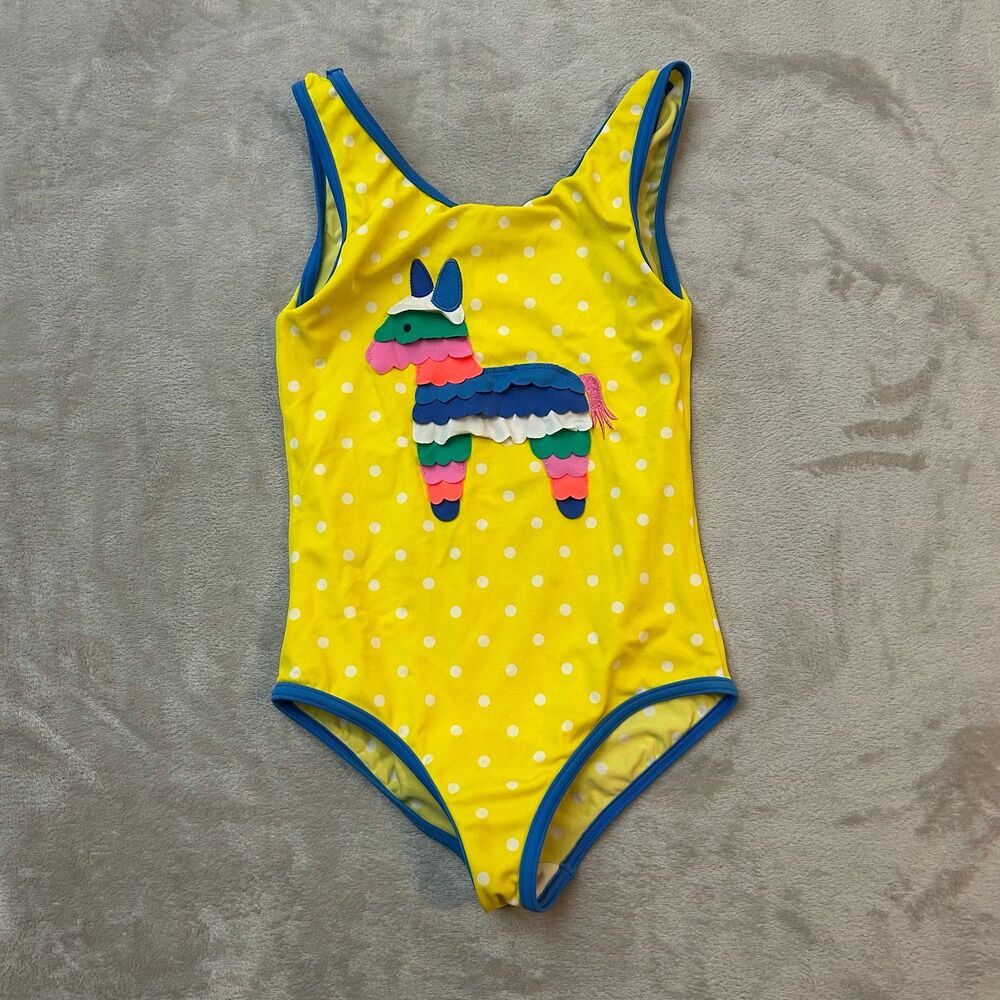 Mini Boden Girls Yellow Polka Dot Swimsuit 7-8Y (128cm) Llama Appliqué One Piece